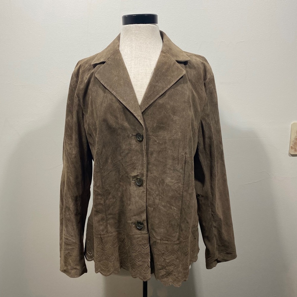 Liz‎ Claiborne Brown Suede Jacket Plus Size 2X Eyelet Scalloped Hem Blazer Coat